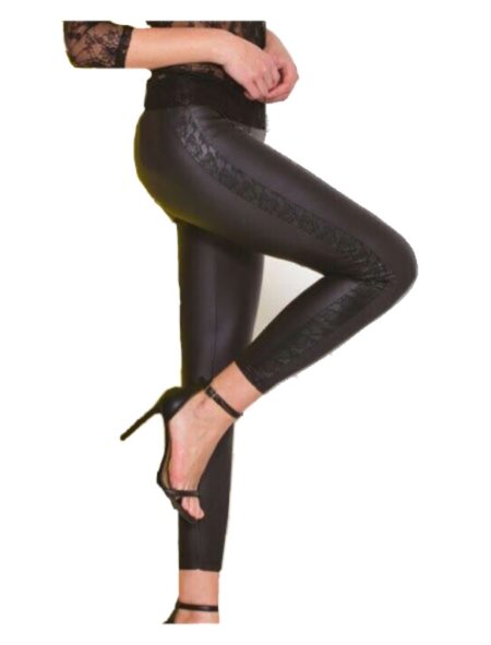 Leggings donna ecopelle colore nero con pizzo sui lati, Rossoporpora LR271