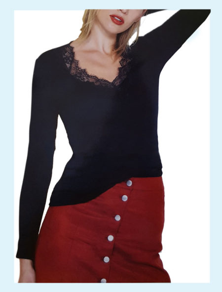 Maglia colore nero in cotone elasticizzato con pizzo, Rossoporpora DB825