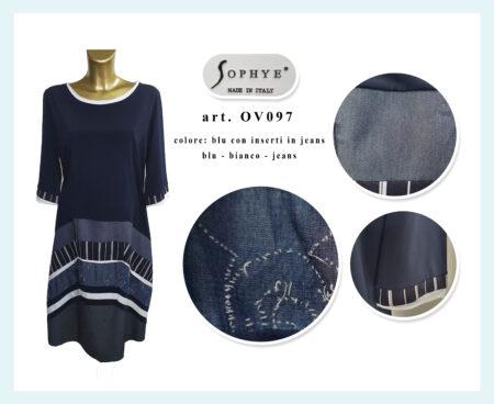 Abito leggero estivo donna  manica 3/4  art. OV097 Sophye var. blu con inserti in  jeans