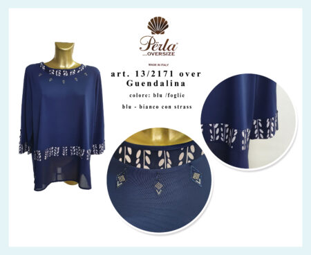 Maglia girocollo manica 3/4 donna Perla Oversize art. Guendalina blu con strass
