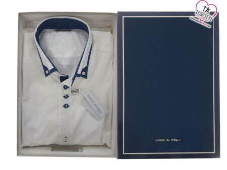 Camicia   Uomo   Manica   lunga   infiancata    bottoncini    Profilo   Esclusivo   colore    bianco    con contrasto blu,  art. ROBERT,   MADE IN ITALY