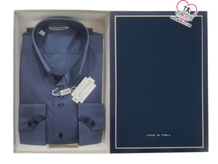 Camicia   Uomo   Manica   lunga   infiancata    senza   pinces   bottoncini    Profilo   Esclusivo   colore    avio   con contrasto blu,  art. ROBBIE,   MADE IN ITALY