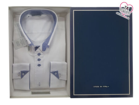 Camicia   Uomo   Manica   lunga   infiancata    senza   pinces   bottoncini    Profilo   Esclusivo   colore    bianco   con contrasto blu, art. ROBBIE,   MADE IN ITALY