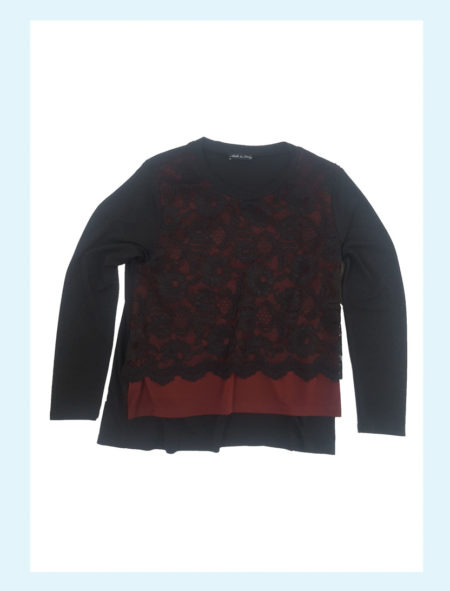 Maglia  donna  girocollo  manica lunga con pizzo  colore nero  e rosso  art. MA05159  Clara Baroni