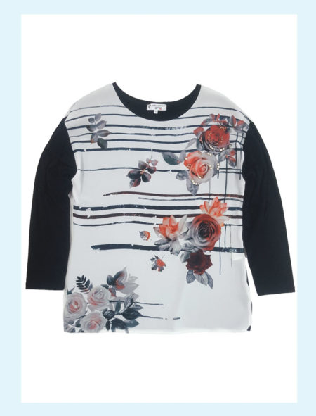 Maglia  donna  girocollo manica  lunga  colore  nero e bianco con fiori e perline   art. 7893 Carla Ferroni
