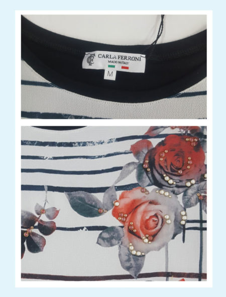 Maglia  donna  girocollo manica  lunga  colore  nero e bianco con fiori e perline   art. 7893 Carla Ferroni - immagine 2