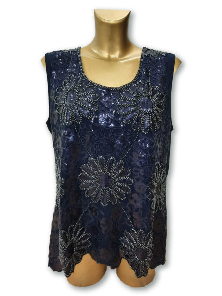 Top donna , Art. 7071, CHIARA ORO  spalla larga blu con fantasie a fiori e strass
