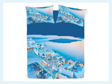 Parure lenzuola copriletto  2 piazze matrimoniale , dis. Santorini POSTCARD  100% cotone stampa digitale