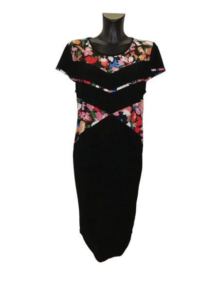 Abito leggero Donna art. Basella, METEORE nero con inserti fiori rosa e rossi
