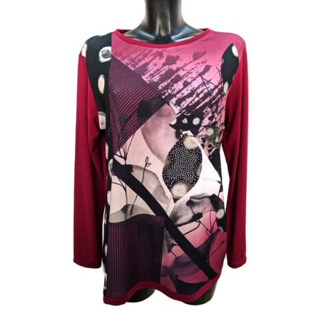 maglia donna maniche lunghe leggera estiva nera a fantasia magenta