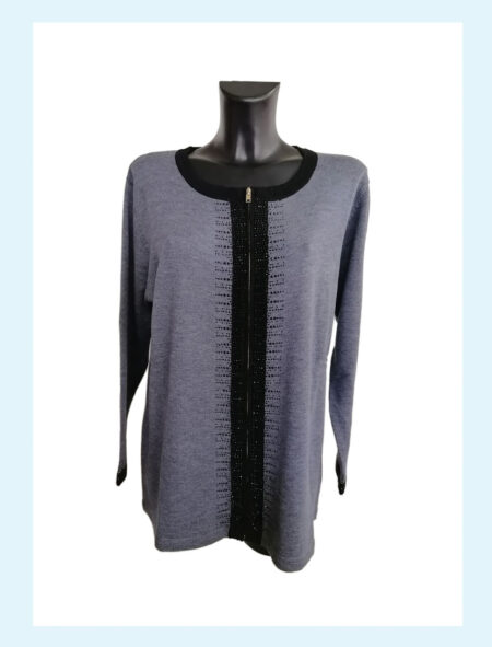 Cardigan Donna Zip in misto lana Art. 4367 , ALE-T nero con profili  colore grigio e strass taglia calibrata - immagine 2