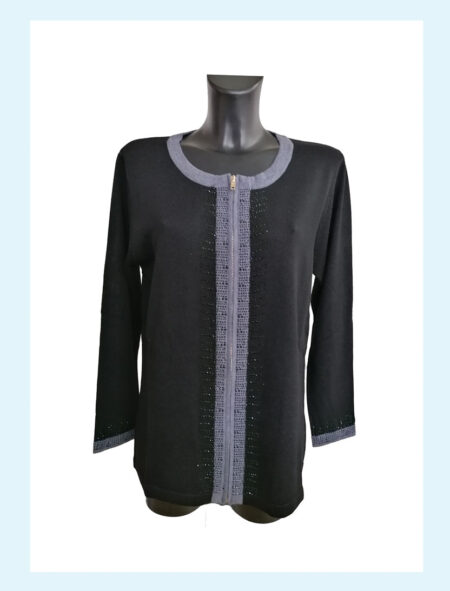 Cardigan Donna Zip in misto lana Art. 4367 , ALE-T nero con profili  colore grigio e strass taglia calibrata