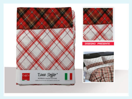 Completo lenzuola in flanella 1 piazza e mezza, art. Linea Soffio dis. Cleo, Co & Co Italia var. rosso fantasia scozzese