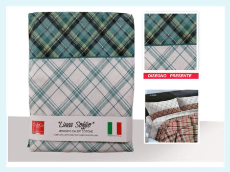 Completo lenzuola in flanella 1 piazza e mezza, art. Linea Soffio dis. Cleo, Co & Co Italia var. verde fantasia scozzese