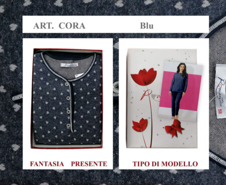 Pigiama serafino donna felpato art. Cora Romantica blu a cuori grigi