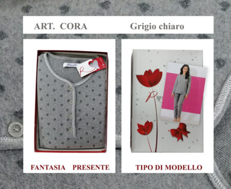 Pigiama serafino donna  felpato  Art. Cora, Romantica grigio chiaro a cuori grigio scuro