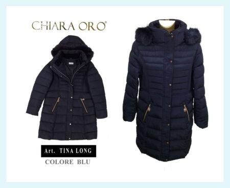 Giaccone trapuntato donna art.  Tina Long CHIARA ORO con cappuccio staccabile colore blu