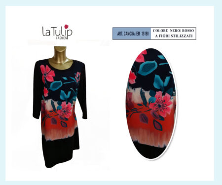 Abito leggero estivo donna  La Tulip Fashion  art. Canosa-Em 15190 colore nero/rosso fiori stilizzati <i><span style="color: red;">ESAURITO</span></i>
