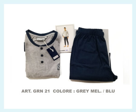 Pigiama Uomo  serafino  cotone  Grigio melangiato / Blu art.  GRN 21 Notteluna