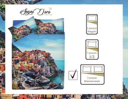 Parure lenzuola copriletto matrimoniale  disegno Cinque Terre, Sogni d'Oro in cotone stampa fotografica