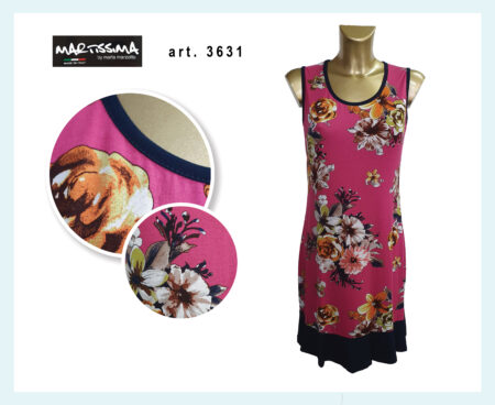 Abito spalla larga donna   art. 3631, Martissima fucsia a fiori con contrasto nero Articolo <i><span style="color: red;">ESAURITO</span></i>