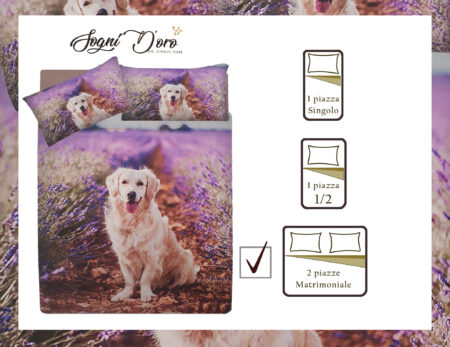 Completo lenzuola copriletto matrimoniale  disegno Provance Dog, Sogni d'Oro in cotone stampa fotografica