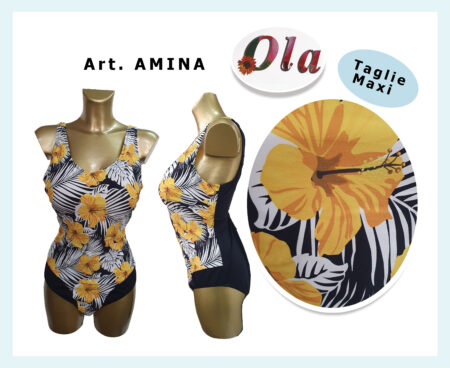 Costume da bagno intero  Art. Amina  Ola a fiori nero/giallo disegno fiori