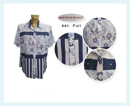Camicia donna  mezza manica  Gocce di Elena art. Fiat, 100% cotone bianco a fiori e strisce blu