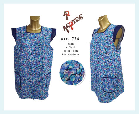 Casacca da cucina aperta  Classica Donna senza maniche allacciatura con bottoni Art. 726, AERTRE bolle e fiori  nel lilla  blu e celeste