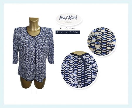 Giacca  Donna bottoni  Nives Morà  Art. Carlotta, fantasia geometrico azzurro e blu