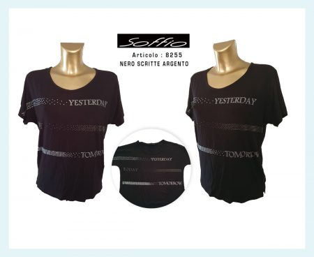 Maglia girocollo manica corta donna  art. 8255, Soffio nero scritte argento