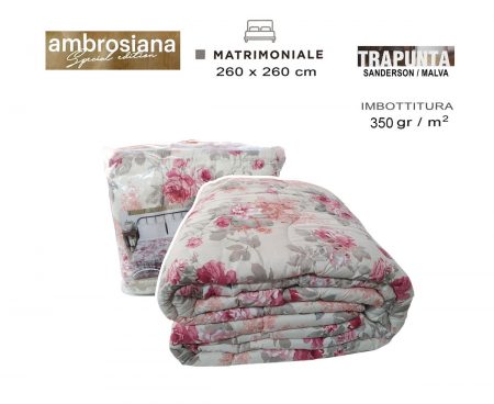 Trapunta fiori microfibra Ambrosiana matrimoniale   Sanderson malva