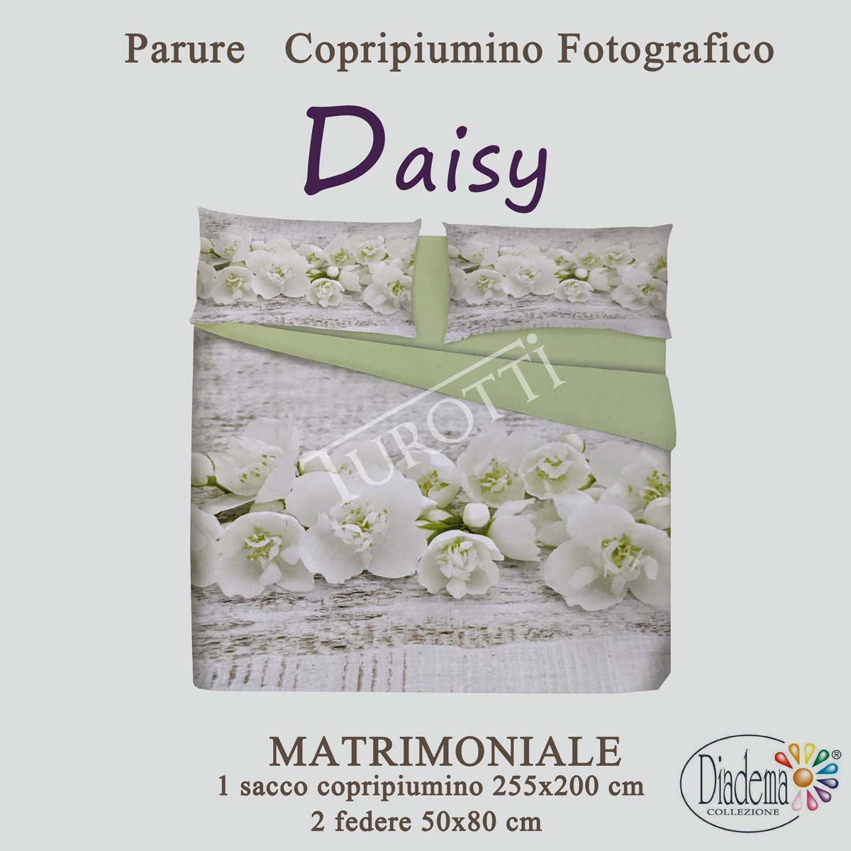 Copripiumino parure matrimoniale fiori bianchi bucaneve Diadema Daisy