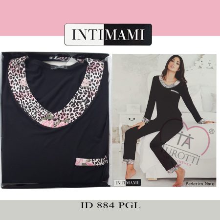 Intimami Pigiama Donna  ID 884 PGL nero animalier  in tinta rosa sullo scollo e profilo taschino, e polsini