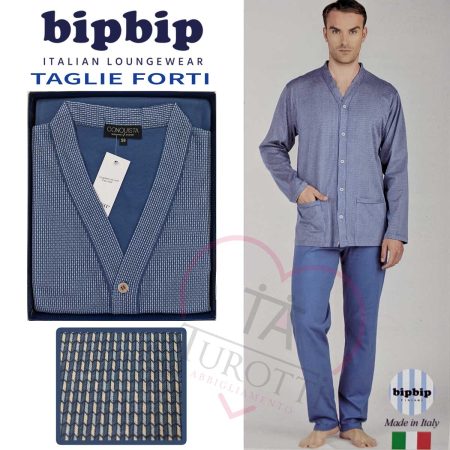 pigiama taglie forti da uomo con giacca cardigan aperto con bottoni blu azzurro