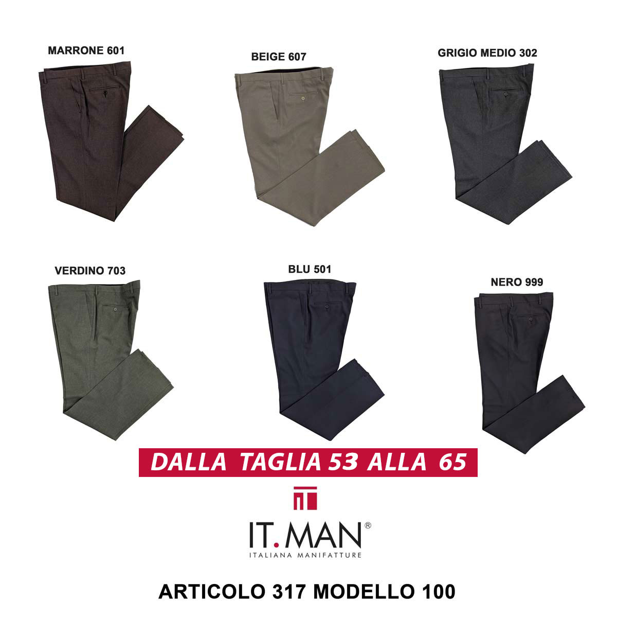 Pantalone classico uomo taglie forti IT MAN art 317 mod 100 dalla 53 alla 65