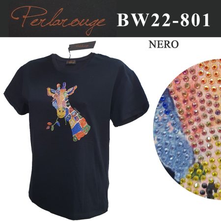 Maglia donna mezza  manica   Perlarouge art BW22801 nero disegno giraffa con strass - immagine 2