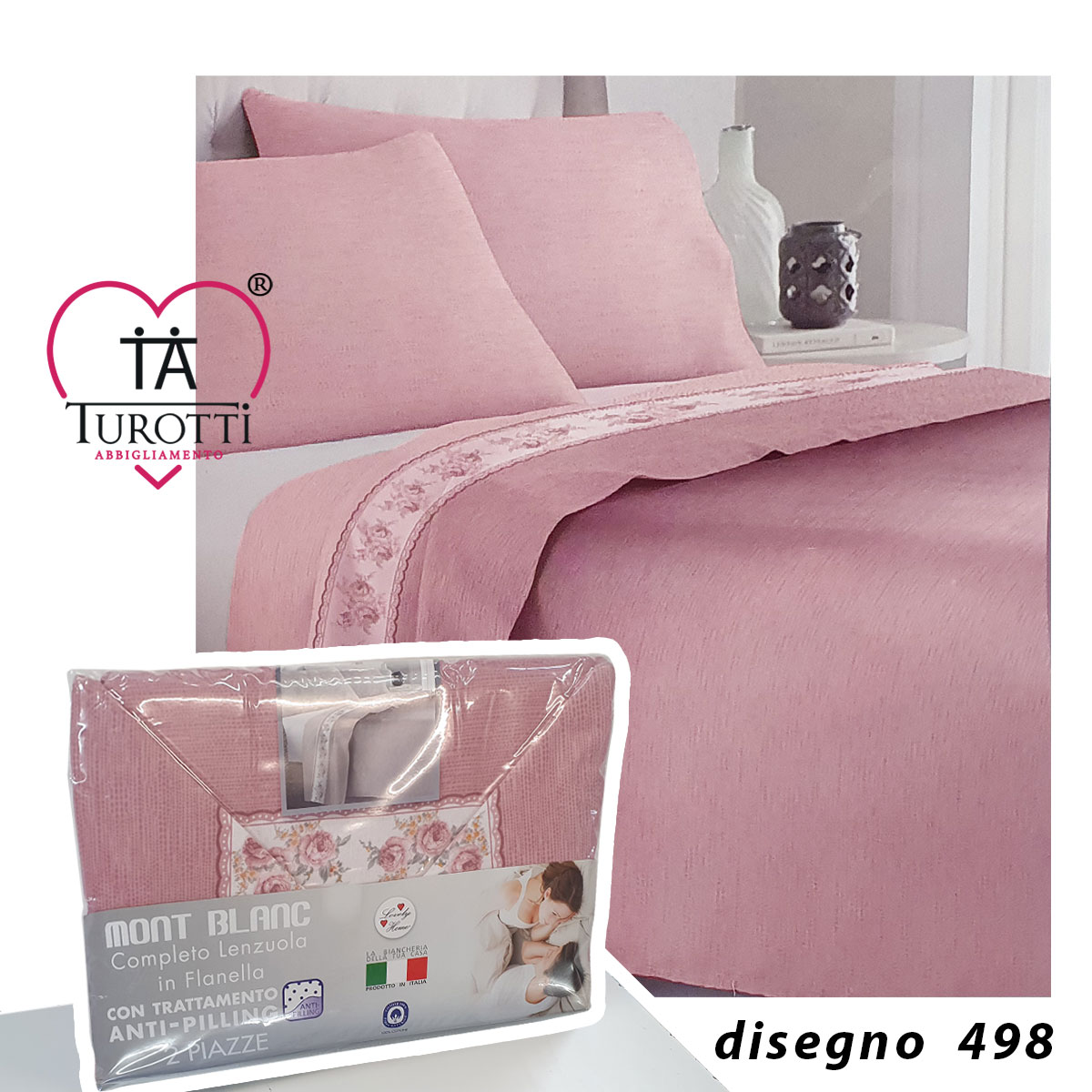 Completo Lenzuola Caleffi Flores in flanella di cotone, letto singolo,  matrimoniale e piazza e mezza. Fantasia floreale rosa – Tempesta Home