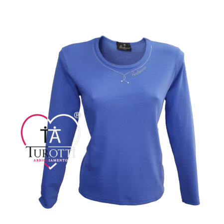 Maglia girocollo donna Perlarara 83 con strass sullo scollo variante indaco