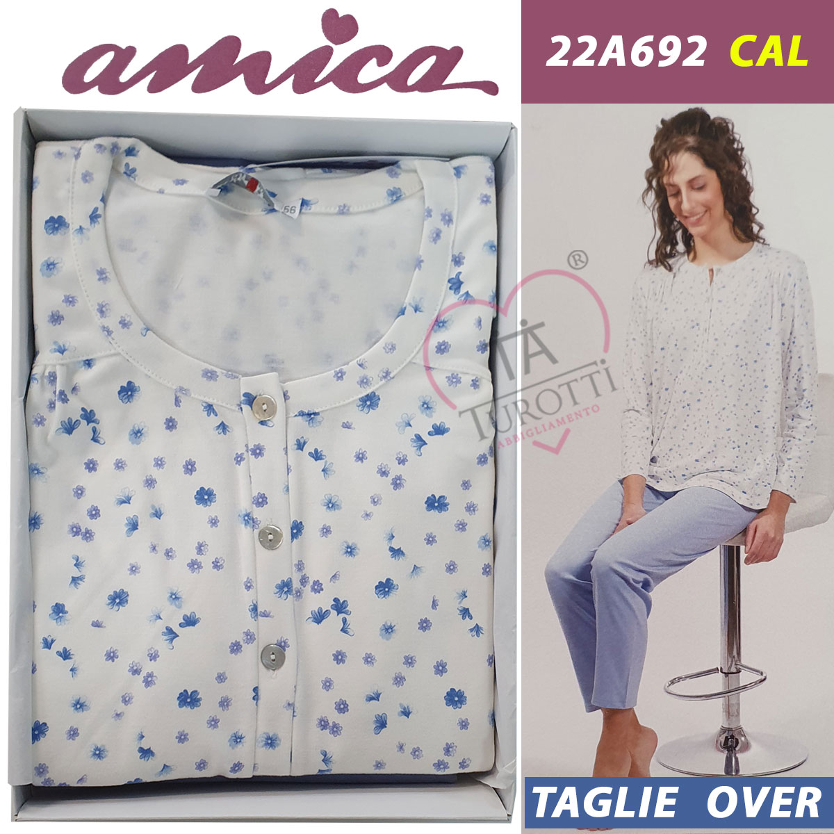 Pigiama serafino donna Interlock Amica 22A692 CAL Azzurro