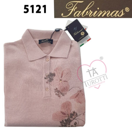 Polo donna lana merinos art 5121  Fabrimas colore rosa con foglie e perline - immagine 2