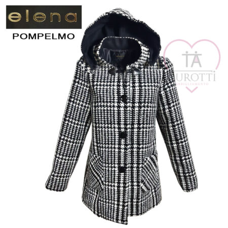 Cappotto corto da Donna Elena Pompelmo nero bianco scozzese con cappuccio