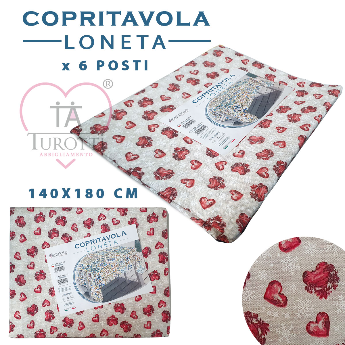 Copritavola Loneta 140x180 cm x 12 posti a Cuori Beige Hessence desiderio di Casa