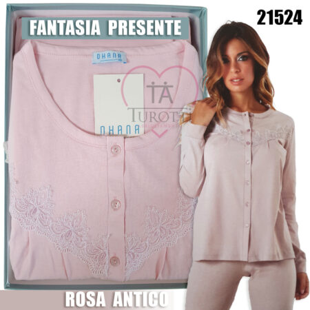Pigiama donna aperto Ohana manica lunga cotone peso leggero art 21524 rosa antico