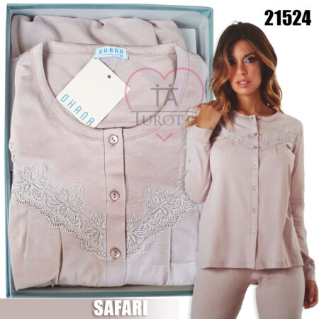 Pigiama donna aperto Ohana manica lunga cotone peso leggero art 21524 rosa antico - immagine 2