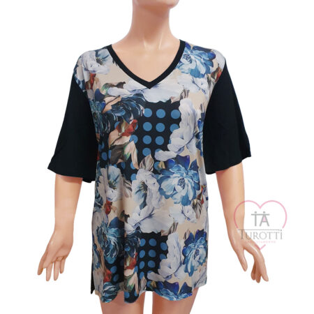 T-SHIRT OVER Donna Sophia Lady scolllo V FIORI POIS FES23050   mezza manica  taglia over