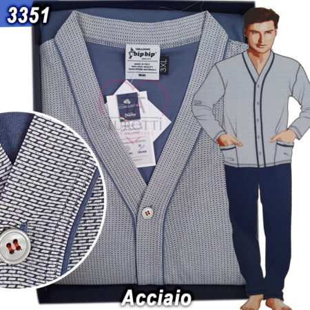 Pigiama Uomo Bip Bip Conquista cardigan orlato 3351 peso leggero 100% cotone  Oceano - immagine 2