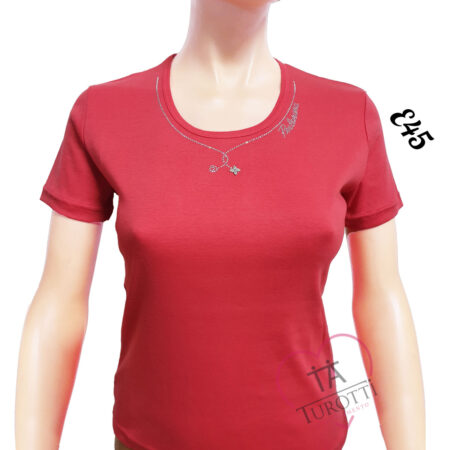 T-shirt Donna girocollo Perlarara  con strass logo e fiore sullo scollo E 45 vari colori - immagine 4