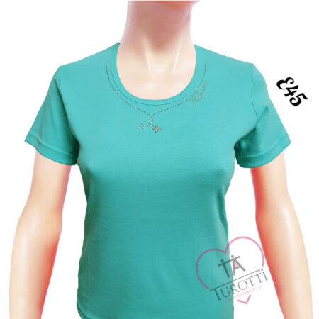 T-shirt Donna girocollo Perlarara  con strass logo e fiore sullo scollo E 45 vari colori - immagine 5
