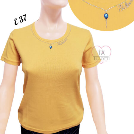 T-shirt Donna girocollo Perlarara  con strass logo e gioiello sullo scollo vari colori - immagine 2